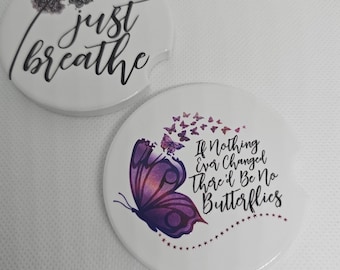 Posavasos de cerámica inspiradores para coche / Posavasos motivacional con forma de mariposa para portavasos / Solo respira / Posavasos absorbente con base de corcho para coche