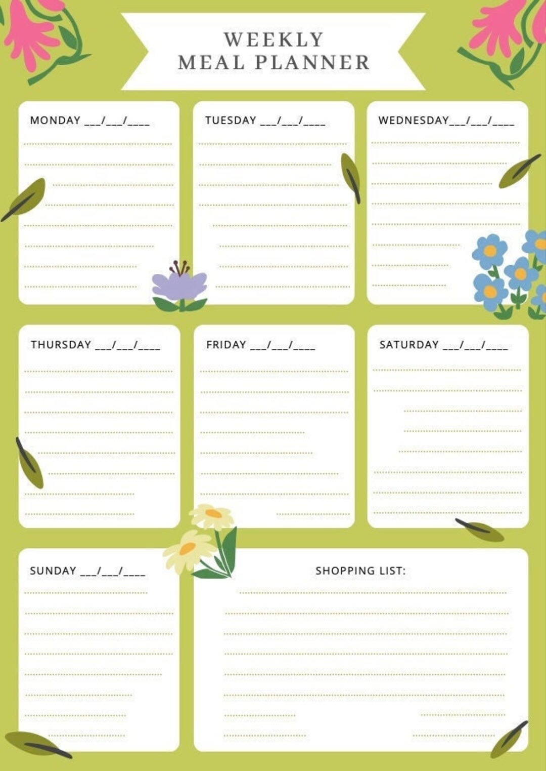 Floral Weekly Meal Planner, Digital Download, Printable, Digital ...