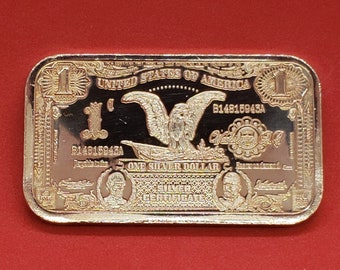 One ounce 999 Fine Copper Bar, 1899 One Dollar Eagle Silver Certificate Replica