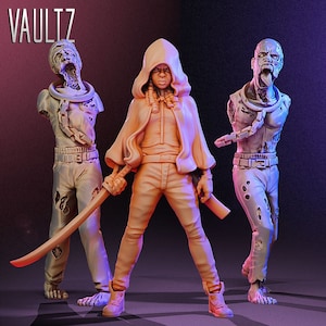 Michonne (Hooded) + Zombies | TWD | Survivors / Zombies | VaultZ Miniatures | 3D Printed Miniature
