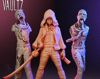 Michonne (Hooded) + Zombies | TWD | Survivors / Zombies | VaultZ Miniatures | 3D Printed Miniature