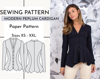 May include: Sewing pattern for a modern peplum cardigan. The pattern includes sizes XS to XXL. The pattern is shown on a white background with a black outline. The pattern is for a long-sleeved cardigan with a V-neck and a peplum hem.