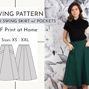 May include: A sewing pattern for a midi swing skirt with pockets. The pattern is available in sizes XS to XXL and can be printed at home. The image shows a woman wearing a green skirt made from the pattern.