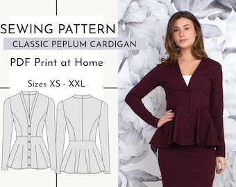 May include: Sewing pattern for a classic peplum cardigan. The pattern includes instructions for sizes XS to XXL. The pattern is available as a PDF download and can be printed at home. The image shows a line drawing of the cardigan and a woman wearing a burgundy cardigan.