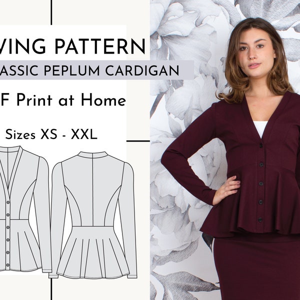 Classic Peplum Cardigan Jacket PDF Print at Home Sewing Pattern // Sizes XS - XXL // Written and Video Instructions