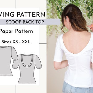 May include: Sewing pattern for a scoop back top. The pattern is available in sizes XS to XXL. The pattern is shown on a white top with a scoop back.