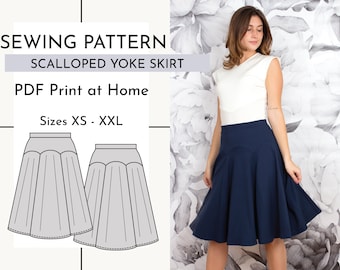 May include: Sewing pattern for a scalloped yoke skirt. The pattern is available in sizes XS to XXL and can be printed at home. The image shows a line drawing of the skirt and a woman wearing a navy blue skirt.
