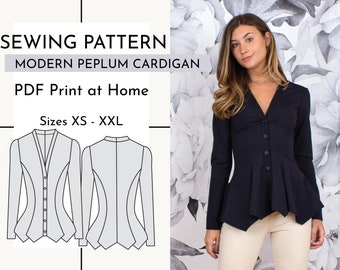 May include: Sewing pattern for a modern peplum cardigan. The pattern includes sizes XS to XXL and is available as a PDF to print at home.