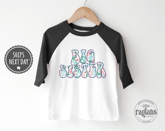 Retro Big Sister Girls Raglan - Girls Matching Siblings Baseball Tee - Floral