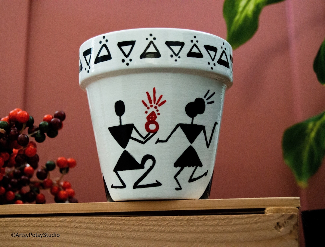 Warli Art Bonsai Tree Pot Hand Painted Planterindian Folk Indoor