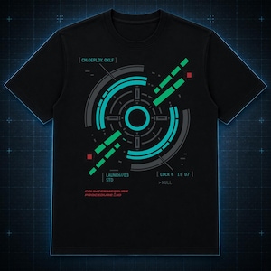May include: A black short-sleeved t-shirt featuring a central circular graphic in cyan, grey, and green. The design includes text: CM:DEPLOY.0XLF, LAUNCH//D3 STD, LOCKY 11 07 >NULL, and COUNTERMEASURE PROCEDURE 10, with small red square accents.
