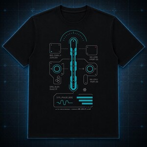May include: A black short-sleeve t-shirt featuring a cyan graphic print of a futuristic interface. The design includes technical diagrams, circular icons, a vertical bar, and text labels such as BIO_CHNL, NX-LIMB, ORG_SLOT, and VTL/PULSE_009.
