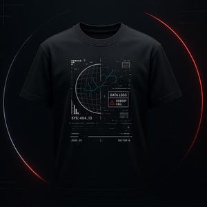 May include: A black short-sleeved t-shirt featuring a white and red graphic print of a digital interface. The design includes a globe grid, technical lines, and text that reads DATA LOSS, REBOOT FAIL, SYS: 404_13, ZONE.09, and SECTOR-B.