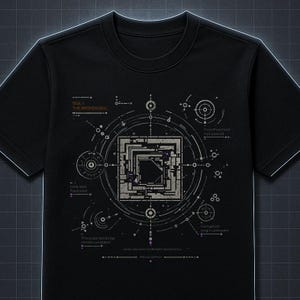 May include: A black short-sleeved t-shirt featuring a complex, light-colored geometric graphic print. The design includes circular patterns, a central square, and text reading SIGIL I THE BROKEN SEAL, First threshold not passed, Core lock fractured, and Corruption origin unknown.