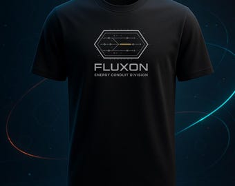 May include: A black short-sleeved t-shirt featuring a graphic on the chest. The design includes a white hexagonal outline with internal lines and a single yellow horizontal bar. Below the graphic, the text reads FLUXON ENERGY CONDUIT DIVISION.
