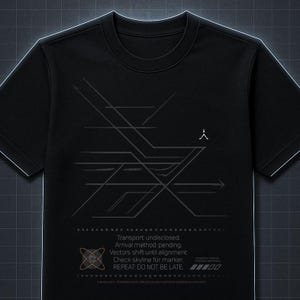 May include: Black crew neck t-shirt with a graphic design. The design features a network of gray lines and arrows, with text that reads "Transport: undisclosed. Arrival method: pending. Repeat: DO NOT BE LATE."
