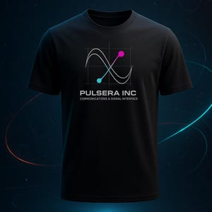 May include: A black short-sleeved t-shirt featuring a graphic logo on the chest. The logo displays a white grid with two intersecting sine waves, one tipped with a pink circle and one with a blue circle. Below, the text reads PULSERA INC COMMUNICATIONS & SIGNAL INTERFACE.