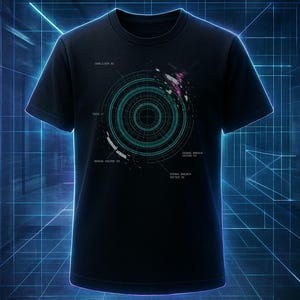 May include: A black short-sleeve t-shirt featuring a central graphic of concentric teal circles resembling a radar display. The design includes small white text labels reading CORE.LOOP.AI, NODE.A7, RADIAL SECTOR 09, and SIGNAL BREACH VECTOR 03.