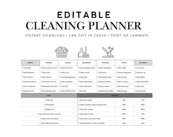 Planificador de limpieza editable, cronograma, lista de verificación, descargable, imprimible, calendario