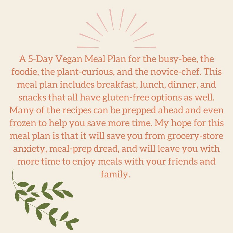 5 Day Vegan Meal Plan | Grocery List Included - Etsy