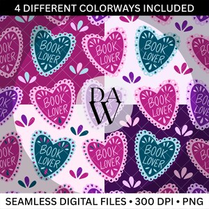 Puede incluir: Archivo digital sin costuras con cuatro diseños en forma de corazón en varias combinaciones de colores. Cada corazón tiene un borde festoneado y las palabras "BOOK LOVER" en el interior. La paleta de colores incluye tonos de rosa, verde azulado y morado. También incluye el texto "SEAMLESS DIGITAL FILES 300 DPI PNG".