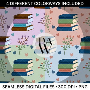 Puede incluir: Archivo digital sin costuras con cuatro combinaciones de colores diferentes. El diseño presenta pilas de libros en varios colores, ramitas de hojas y formas de corazón. El texto en la parte superior dice "4 DIFFERENT COLORWAYS INCLUDED". El texto en la parte inferior dice "SEAMLESS DIGITAL FILES • 300 DPI • PNG".