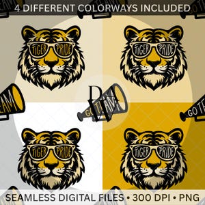 May include: A digital design featuring four variations of a tiger head wearing sunglasses with "TIGER PRIDE" on the lenses. The design includes text that reads "4 DIFFERENT COLORWAYS INCLUDED" and "SEAMLESS DIGITAL FILES 300 DPI PNG".