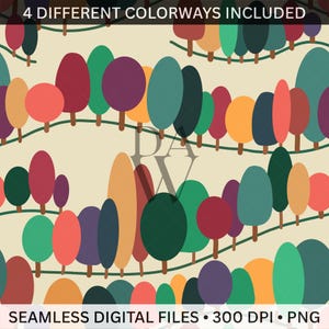 Puede incluir: Un archivo digital sin costuras con un patrón repetitivo de árboles estilizados en varios colores, incluyendo verde, rojo, naranja y morado, sobre un fondo beige. El texto en la parte superior dice "4 DIFFERENT COLORWAYS INCLUDED" y en la inferior "SEAMLESS DIGITAL FILES • 300 DPI • PNG".