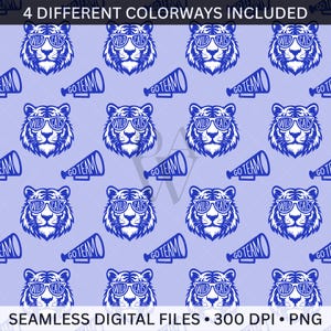 May include: A seamless digital file featuring a repeating pattern of blue tiger faces wearing sunglasses and megaphones with the text "GO TEAM". The text "WILD CATS" is on the sunglasses. The words "4 DIFFERENT COLORWAYS INCLUDED" and "SEAMLESS DIGITAL FILES • 300 DPI • PNG" are also included.