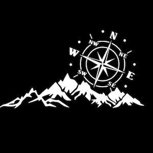 Compass Camping Hiking Mountains Vinyl Decal Adventure Wanderlust for car glass- size 6.5" x 4.5" Color- White