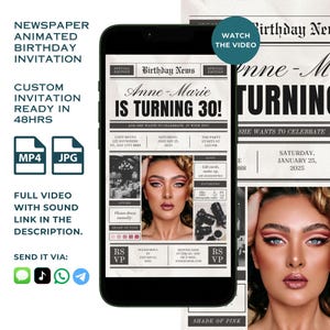 Custom Newspaper Animated Invitation, Vintage Birthday Party Newspaper Video Invites, Animated Birthday Dinner Party Invite for Adults NT01
