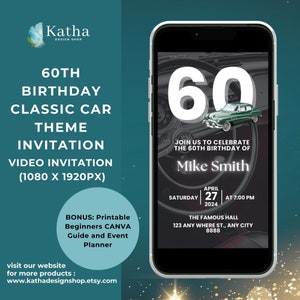 60th CLASSIC CAR Birthday Video Invitation, Editable Vintage Car Bday Invite, Exotic Car Bday Invite Template, Classic Car Party Invite CL60