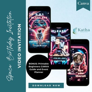 Space Birthday Party Invitation with Photo, Girls Astronaut Planet 10th Bday Invite, Editable Galaxy Party Template Video Phone Canva SB02
