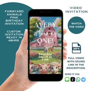 Custom Farm Barnyard Animals First Birthday Video Invitation For Girls, Animals Farm Party Digital Birthday Animated Video Invitation Kids