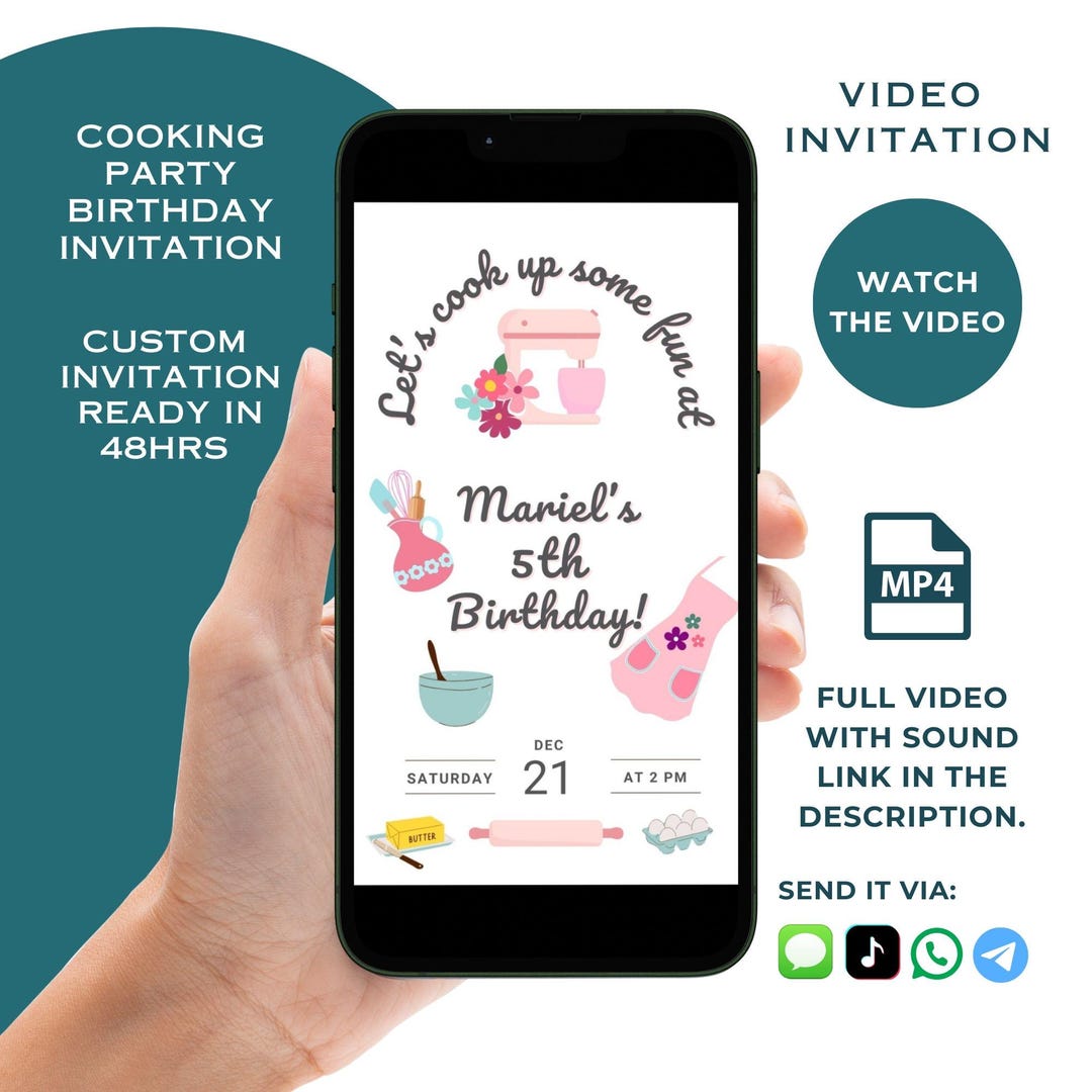Custom Cooking Party Birthday Video Invitation: Pink Baking Theme ...