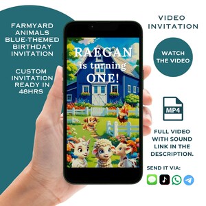 Custom Farm Barnyard Animals First Birthday Video Invitation For Boys, Animals Farm Party Digital Birthday Animated Video Invitation Kids