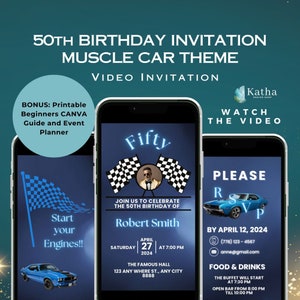 50th Muscle Car Birthday Video Invitation For Adult, Editable Hot Rods Bday Party Invite, Supercars Bday Invite Template For Him, Canva