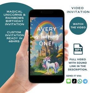 Custom Unicorns and Rainbows Birthday Video Invitation For Girls, Magical Forest Castle Party Theme Magical Unicorns Digital Bday For Kids