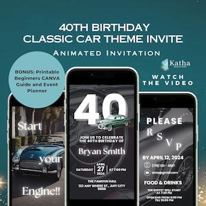 40th CLASSIC CAR Birthday Video Invitation, Editable Vintage Car Bday Invite, Exotic Car Bday Invite Template, Classic Car Party Invite CL40