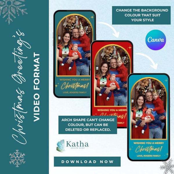 Arch Christmas Season Greeting Video Template, Phone SMS Virtual Holiday Message,  Christmas Greetings Animated CANVA Digital Blue - CGE03