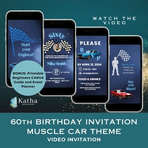 60th Muscle Car Birthday Video Invitation For Adult, Editable Hot Rods Bday Party Invite, Supercars Bday Invite Template For Him, Canva