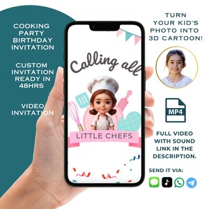 Convite de vídeo personalizado para festa de aniversário de Little Chefs Cooking para menina, tema rosa, bolo digital Bday para mini chefs com foto de personagem 3D