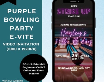 Purple BOWLING Party Video Invitation Template, Phone SMS Invite, Animated Digital Retro Bowling Party, Quinceanera Digital Invitation Canva