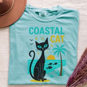 Atomic Cat Shirt, Comfort Colors® Shirt Ocean Gift, Funny Boho Beach Vintage Cat TShirt, Gift for Her, Cat Retro Graphic Beach Shirt