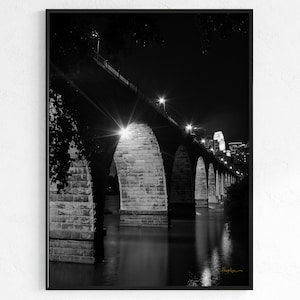 Stone Arch Bridge B&W Portrait Night Photo Wall Art, Nature Photography, Bridge Skyline Photograph, Minneapolis MN, Mississippi River