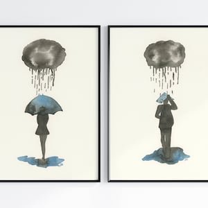 Lady & Man in Rain Wall Art Set of 2 Prints, Watercolor Print, Blue and Gray Grey Home Décor, Handmade Painting, Digital Download Printable