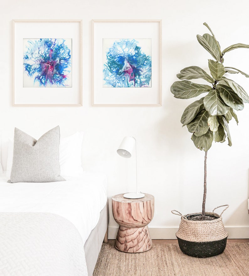 Blue & Pink Wall Art Set, Square Abstract Print, Acrylic Dutch Pour Flow Art, Handmade Painting