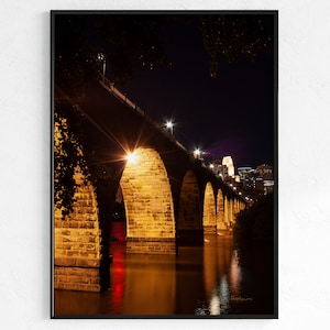 Stone Arch Bridge North Side Night Photo Wall Art, Portrait Home Décor, Color Nature Photography, Minneapolis MN Skyline, Mississippi River