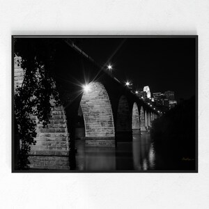 Stone Arch Bridge B&W Landscape Night Photo Wall Art, Nature Photography, Bridge Skyline Photograph, Minneapolis MN, Mississippi River