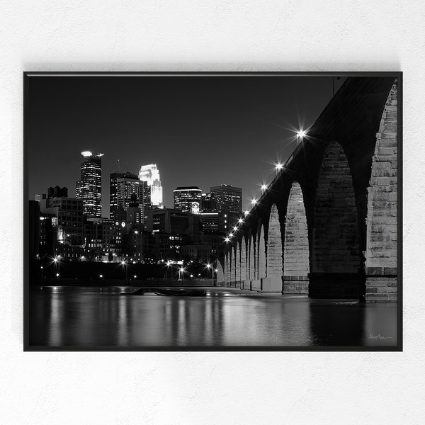 Stone Arch Bridge Photo Wall Art, Photography Print, Home Décor, Black and White Nature Photograph, Minneapolis MN Skyline, Digital Download